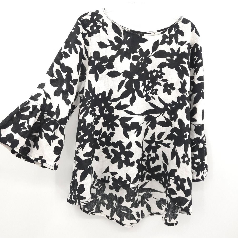 John Mark Linen Blouse Women Large Black White Floral Ruffle Sleeve High Low